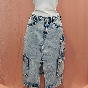 wild fable Light Blue Washed Denim Cargo Midi Skirt